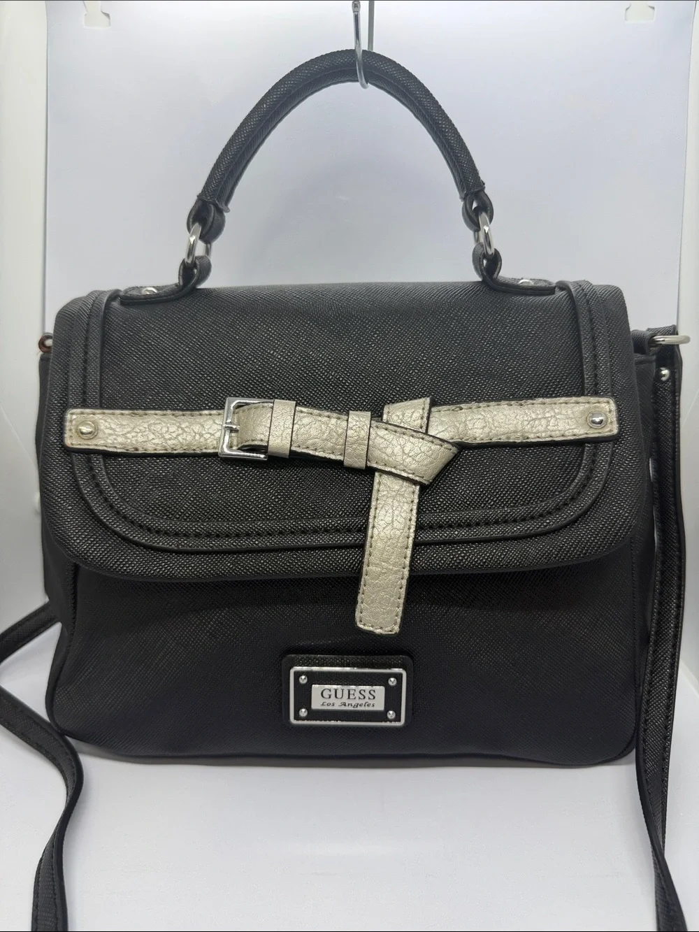 GUESS Black Satchel with Silver Metallic Strap Accent
